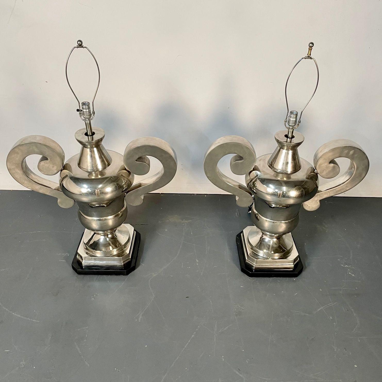 20th Century Pair of Hollywood Regency Polished Nickel Table Lamps, Large Urns For Sale
