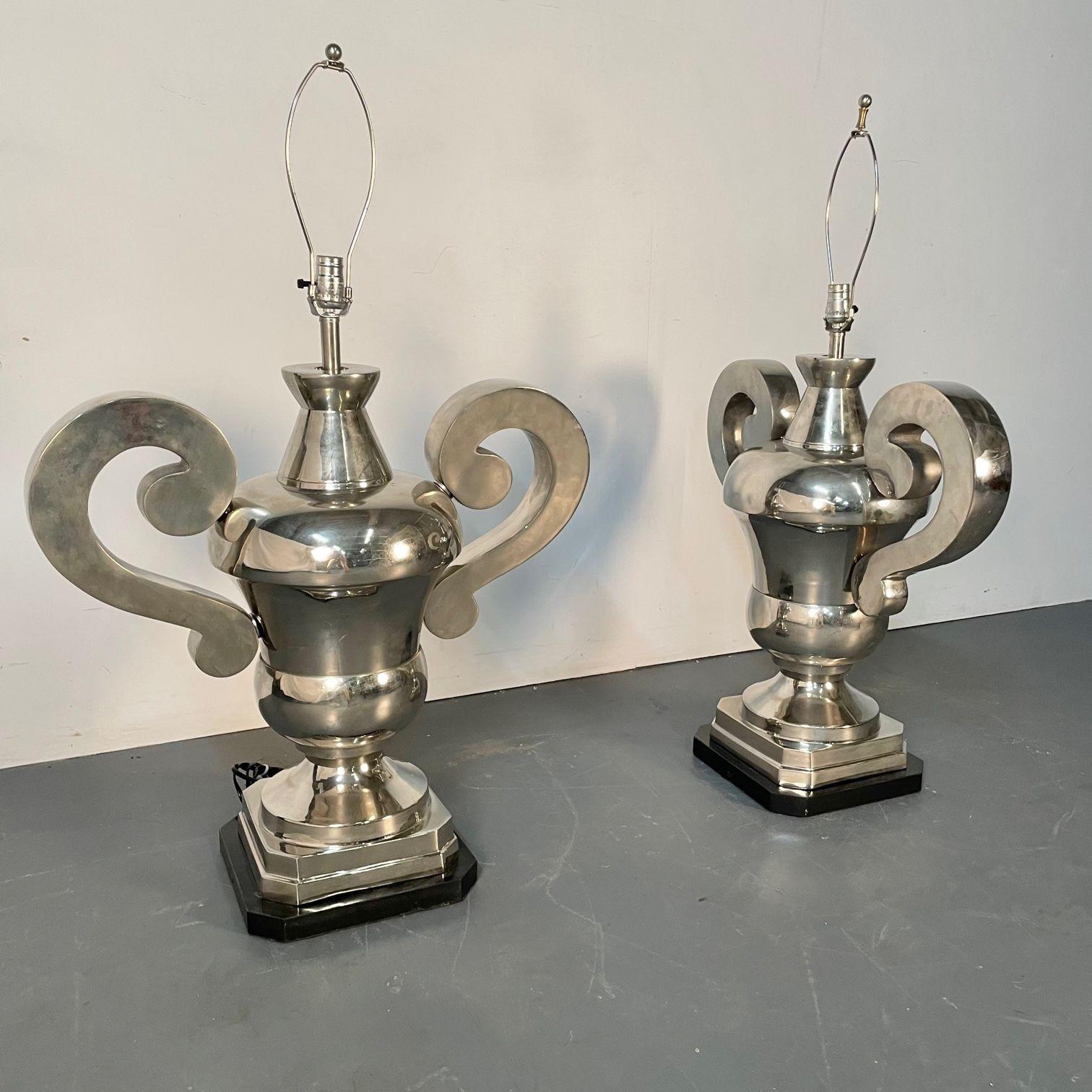 Pair of Hollywood Regency Polished Nickel Table Lamps, Large Urns For Sale 1