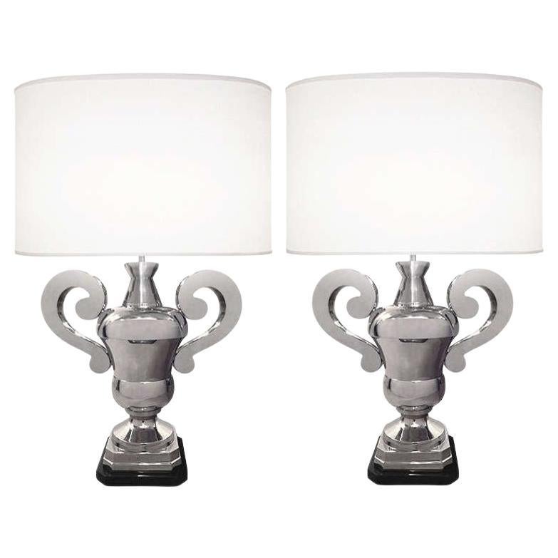 Pair of Hollywood Regency Polished Nickel Table Lamps, Large Urns For Sale