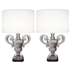 Pair of Hollywood Regency Polished Nickel Table Lamps, Large Urns