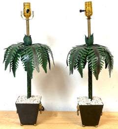 Pair of Hollywood Regency Polychromed Tole Palm Tree Topiary Lamps, Circa 1970s