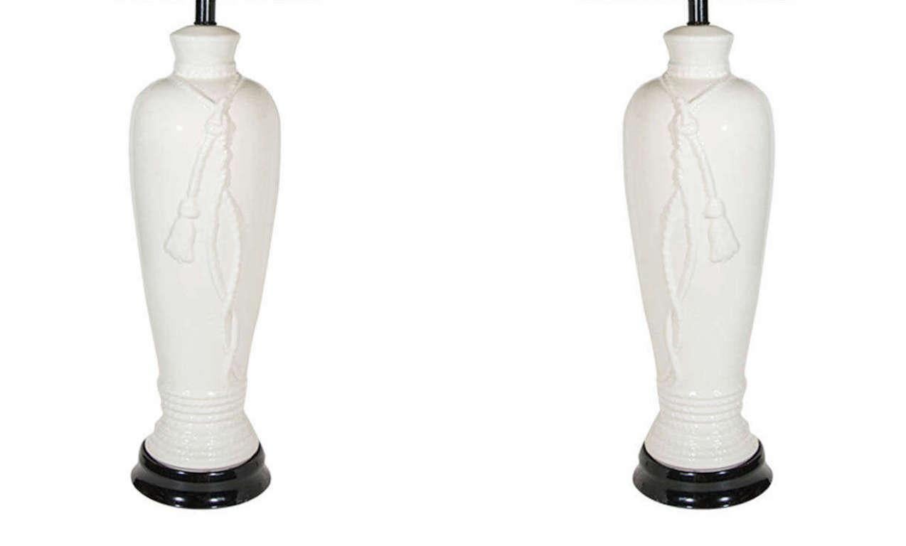 Hollywood Regency Pair of Mid-Century Modern White Porcelain Lamps with Rope and Tassel, c. 1960's For Sale