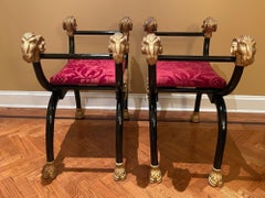Pair of Hollywood Regency Rams Heads Foot Stools, Piano Benches, Ebony & Gilt