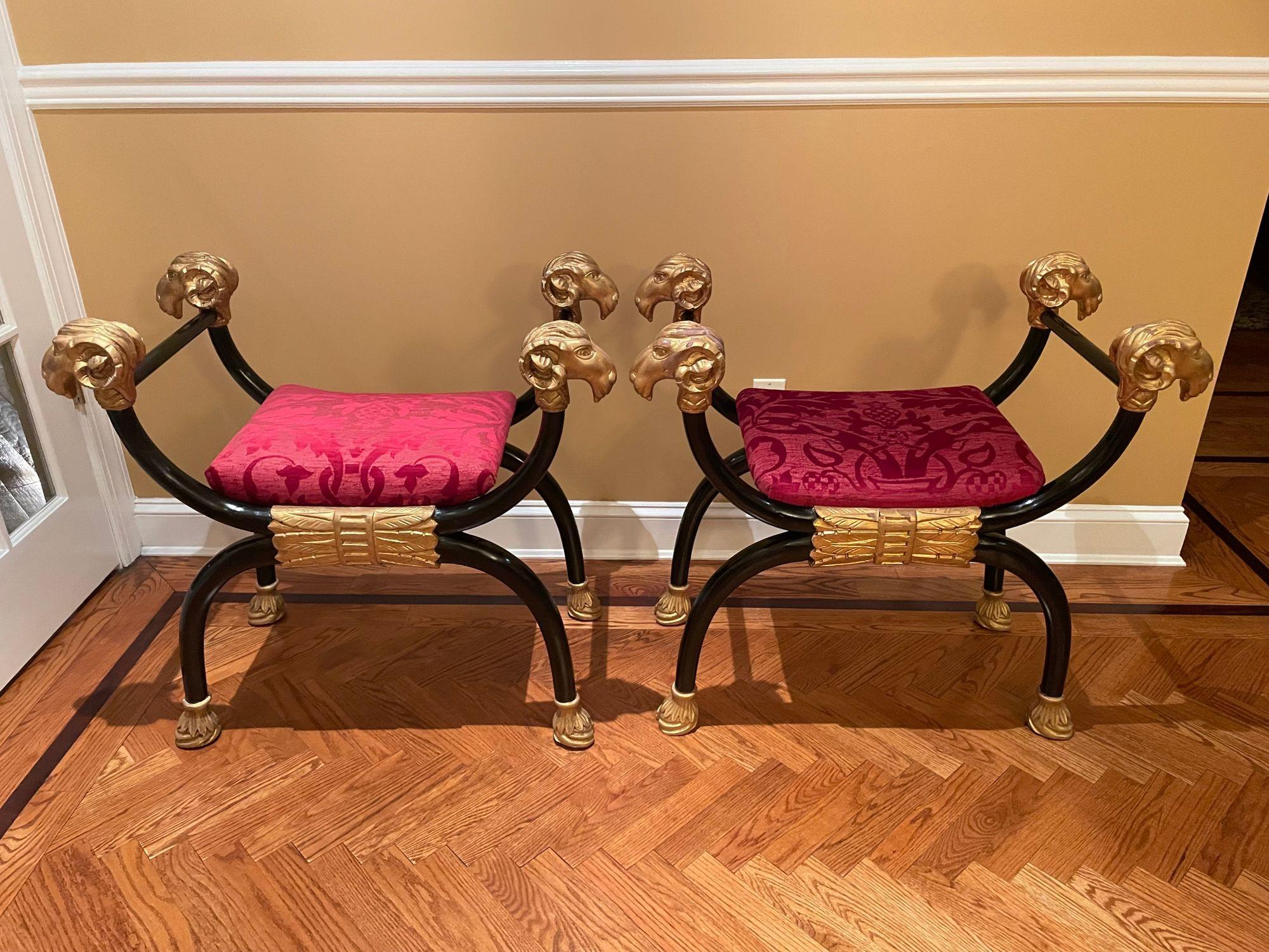 Pair of Hollywood Regency Rams Heads Foot Stools, Piano Benches, Ebony & Gilt In Good Condition In Stamford, CT