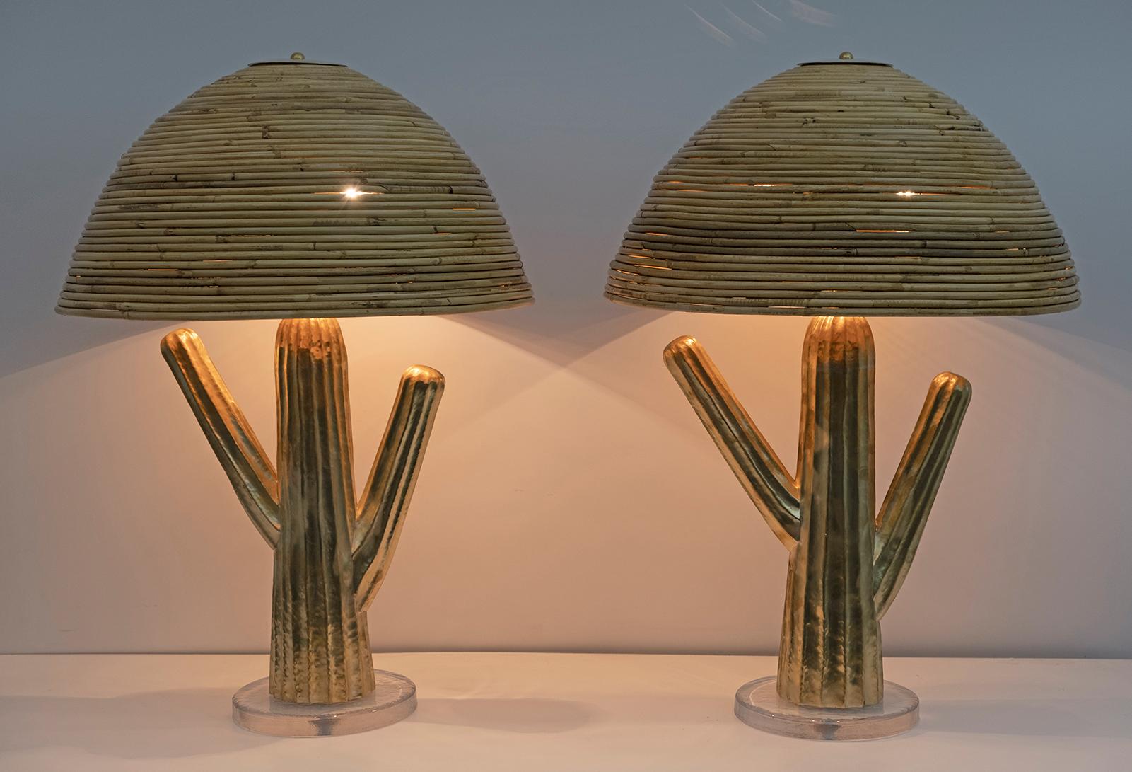 Italian Pair of Hollywood Regency Rattan and Brass Cactus Lamps, Italy, 1990s For Sale