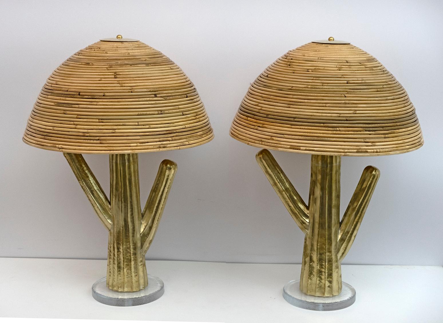 Pair of Hollywood Regency Rattan and Brass Cactus Lamps, Italy, 1990s In Good Condition For Sale In Puglia, Puglia