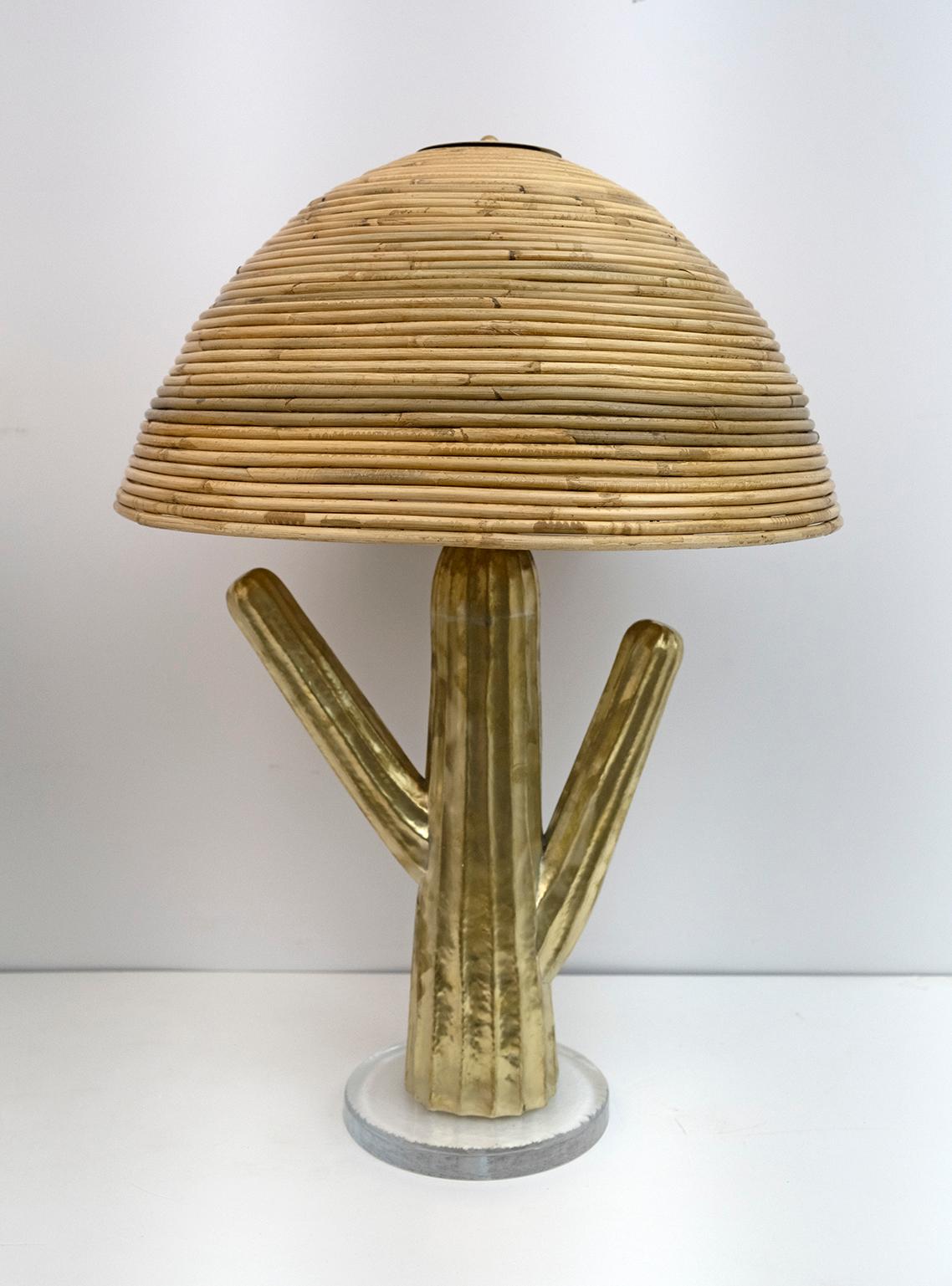 Late 20th Century Pair of Hollywood Regency Rattan and Brass Cactus Lamps, Italy, 1990s For Sale