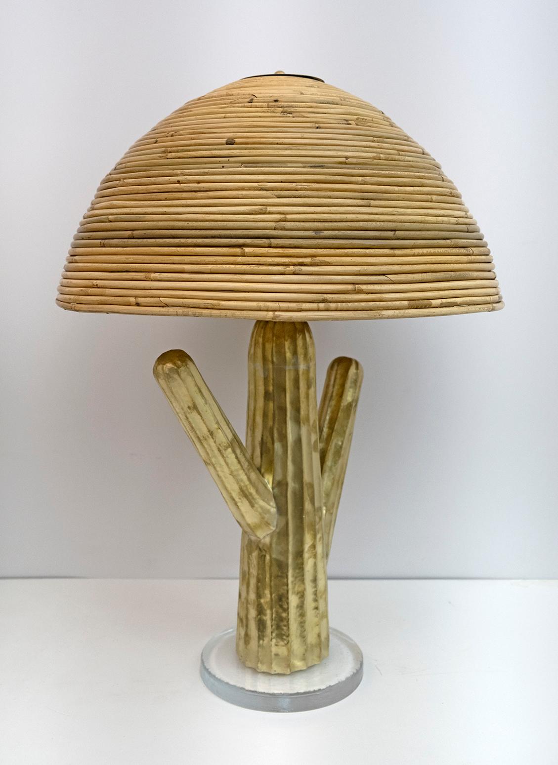 Pair of Hollywood Regency Rattan and Brass Cactus Lamps, Italy, 1990s For Sale 2