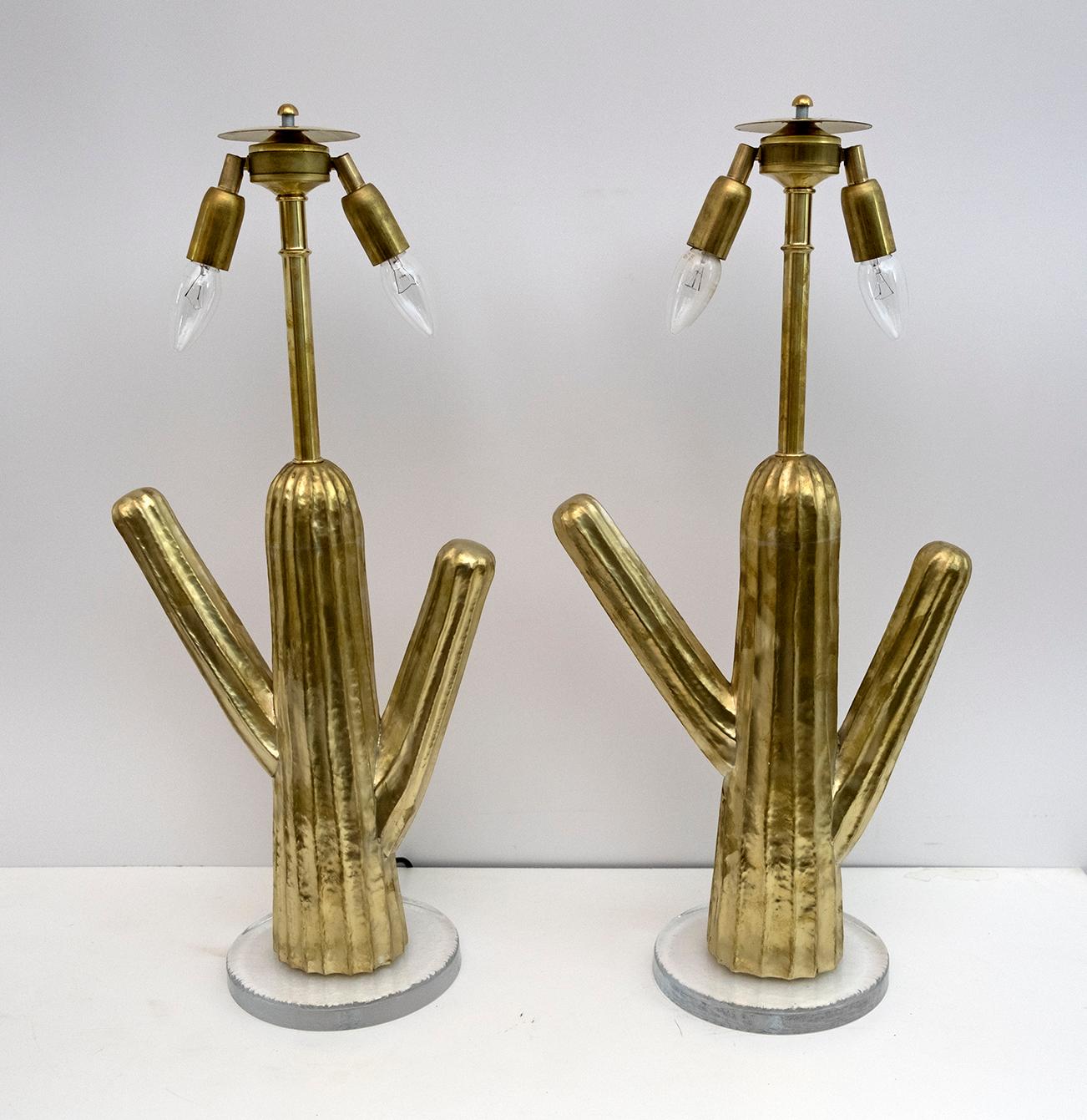 Pair of Hollywood Regency Rattan and Brass Cactus Lamps, Italy, 1990s For Sale 4