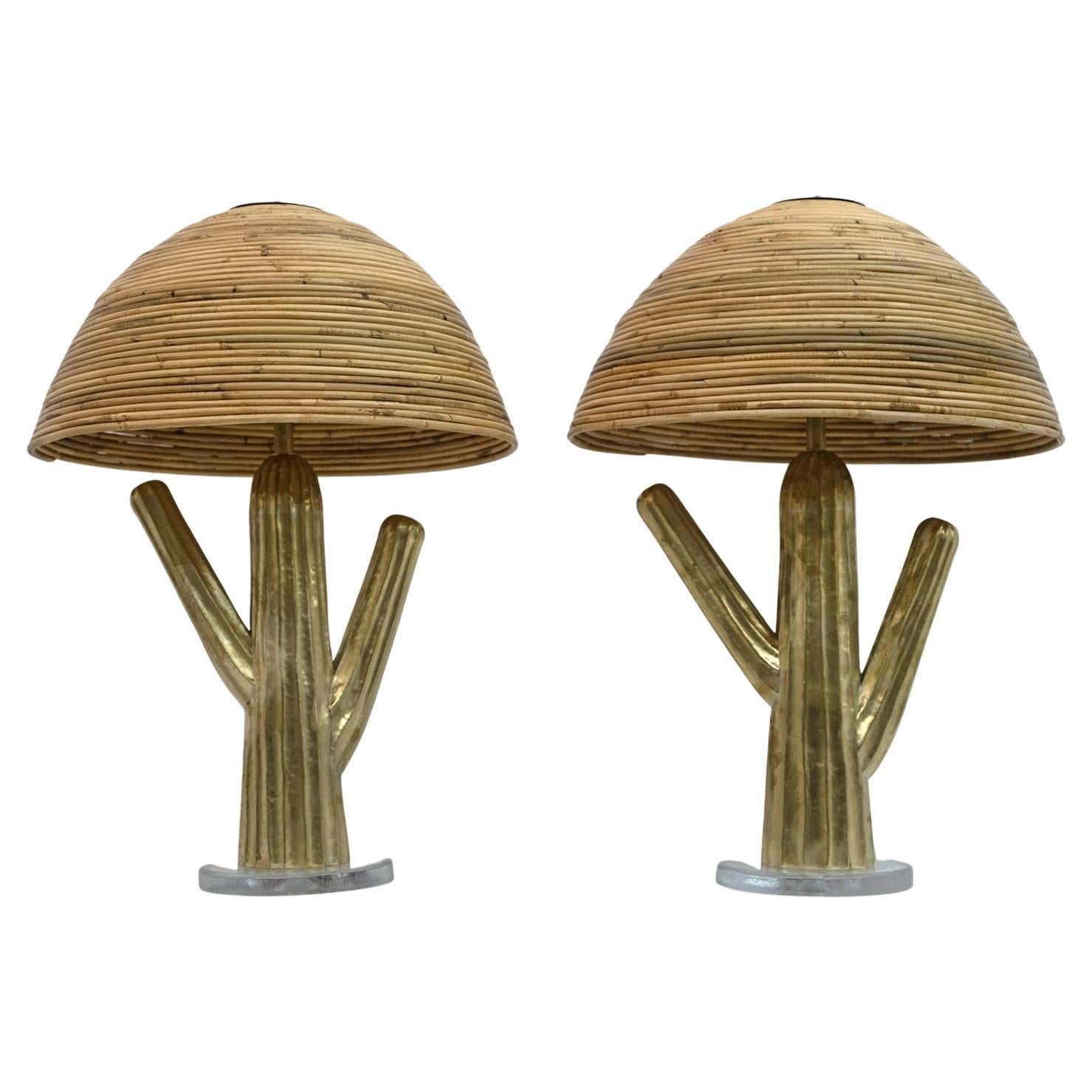 Pair of Hollywood Regency Rattan and Brass Cactus Lamps, Italy, 1990s For Sale