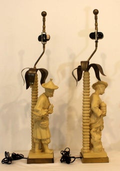 Pair of Hollywood Regency Resin & Bronze Chinoiserie Table Lamps by Chapman