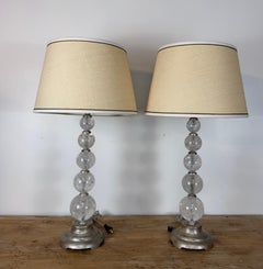 Pair of Hollywood Regency Rock Crystal Stacked Orb Table Lamps - Silver Leaf