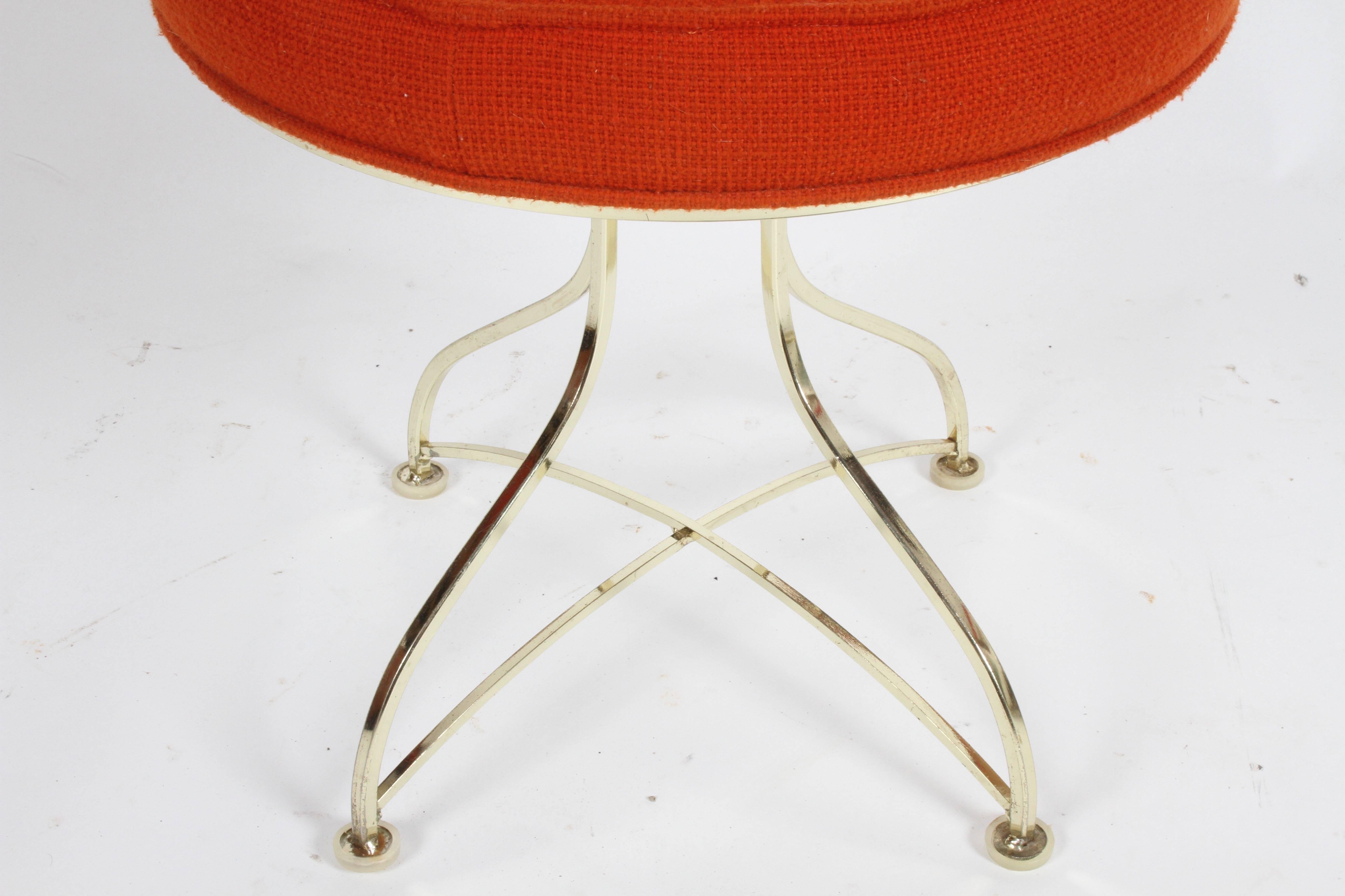 Pair of Hollywood Regency Round Tufted Brass Base Stools In Good Condition In St. Louis, MO