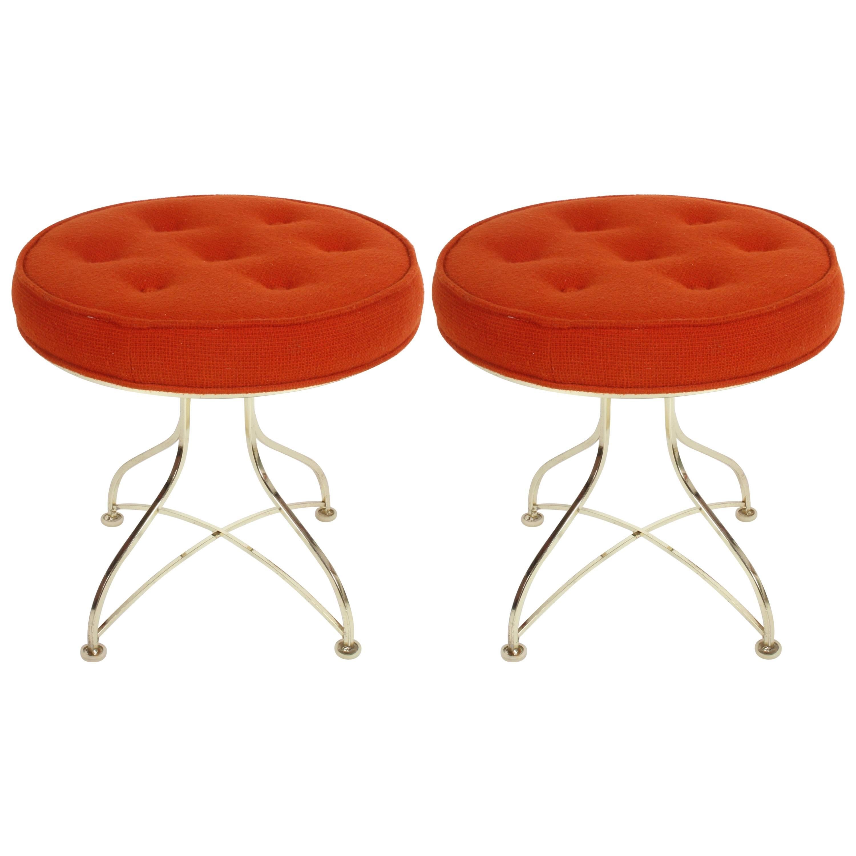 Pair of Hollywood Regency Round Tufted Brass Base Stools