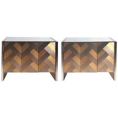 Pair of Hollywood Regency Satin Brass and Polished Steel Cabinets by Ello