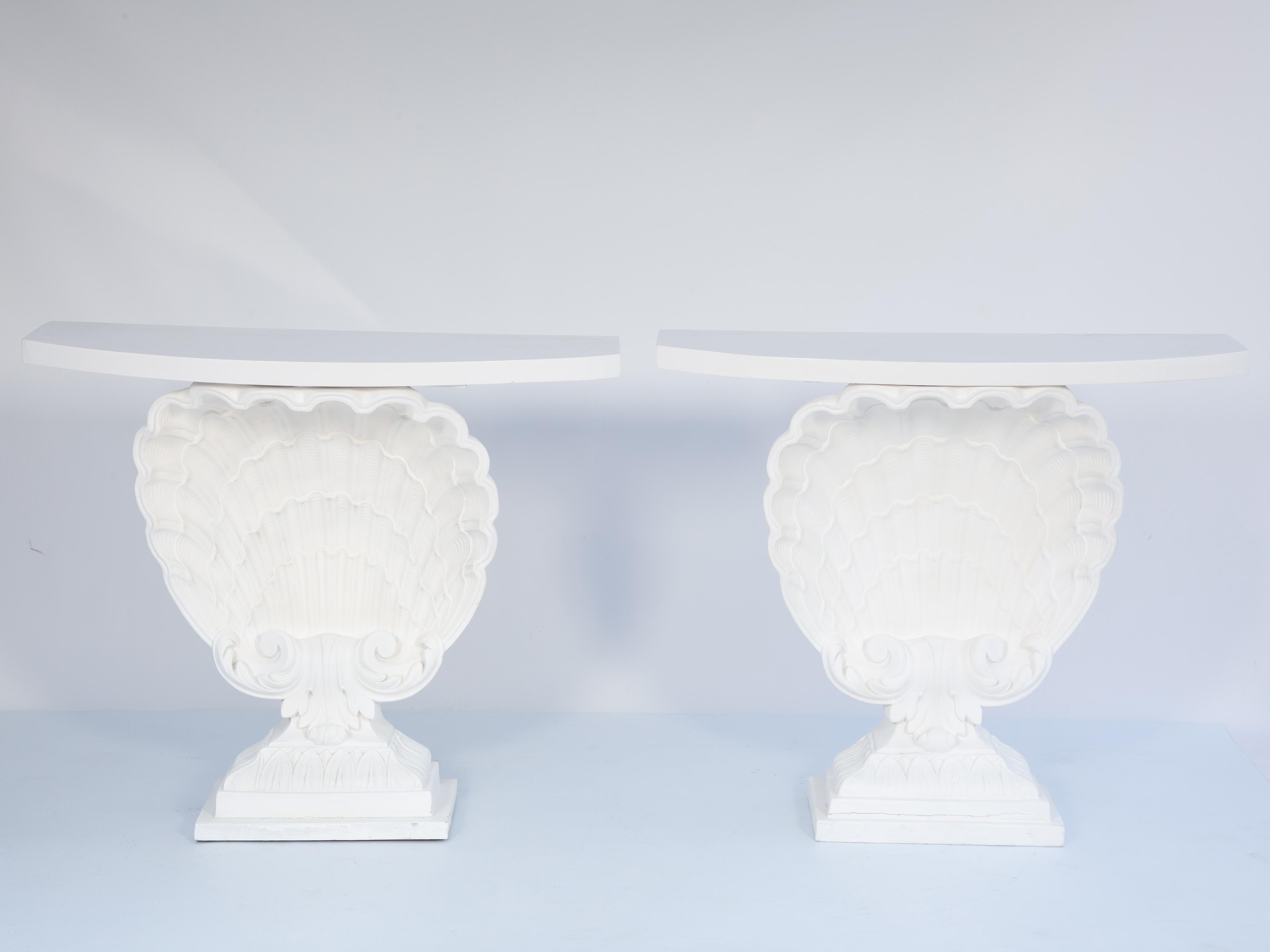 Pair of Hollywood Regency Scallop Shell Consoles For Sale 1