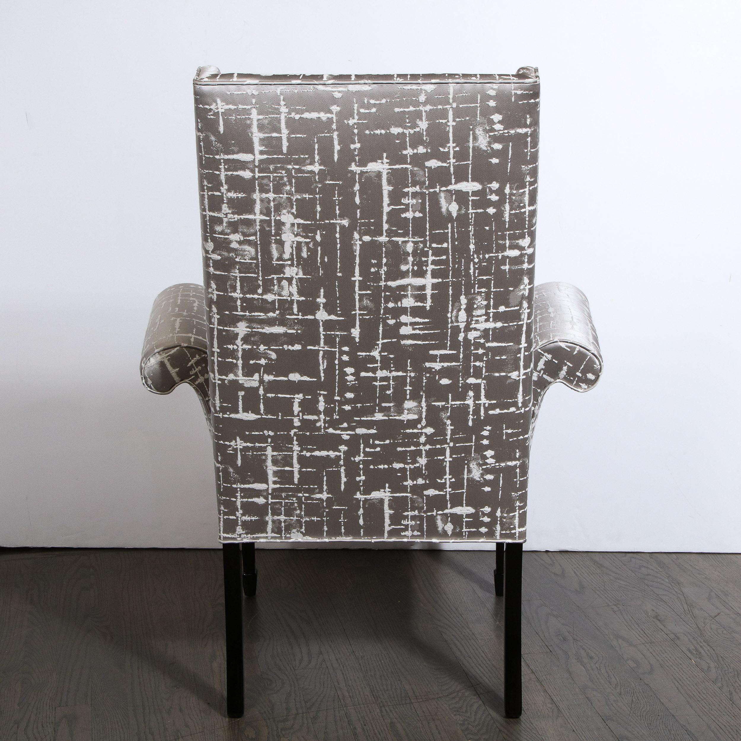 Pair of Hollywood Regency Scroll Form Ebonized Walnut & Textural Silk Armchairs For Sale 6