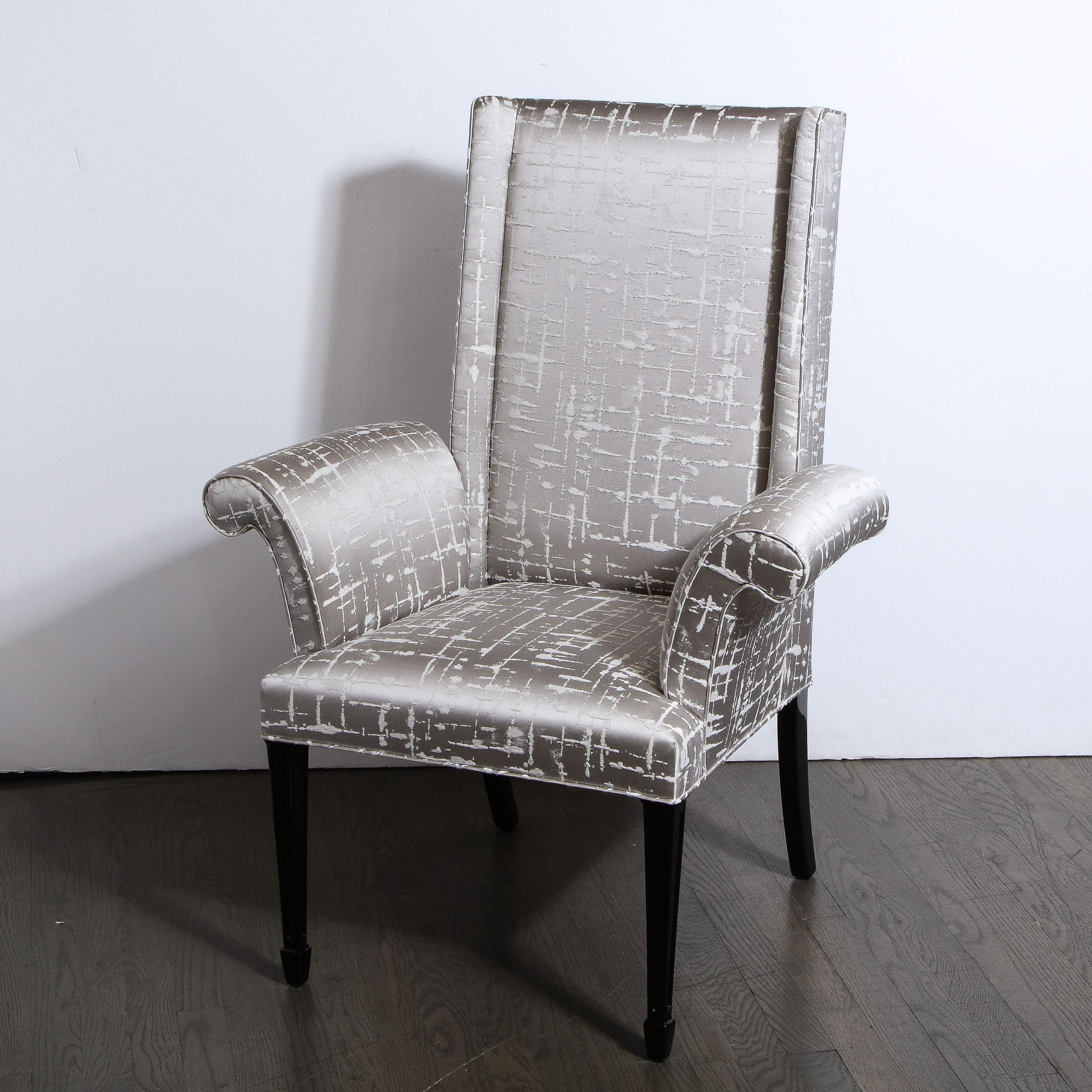 Pair of Hollywood Regency Scroll Form Ebonized Walnut & Textural Silk Armchairs For Sale 9