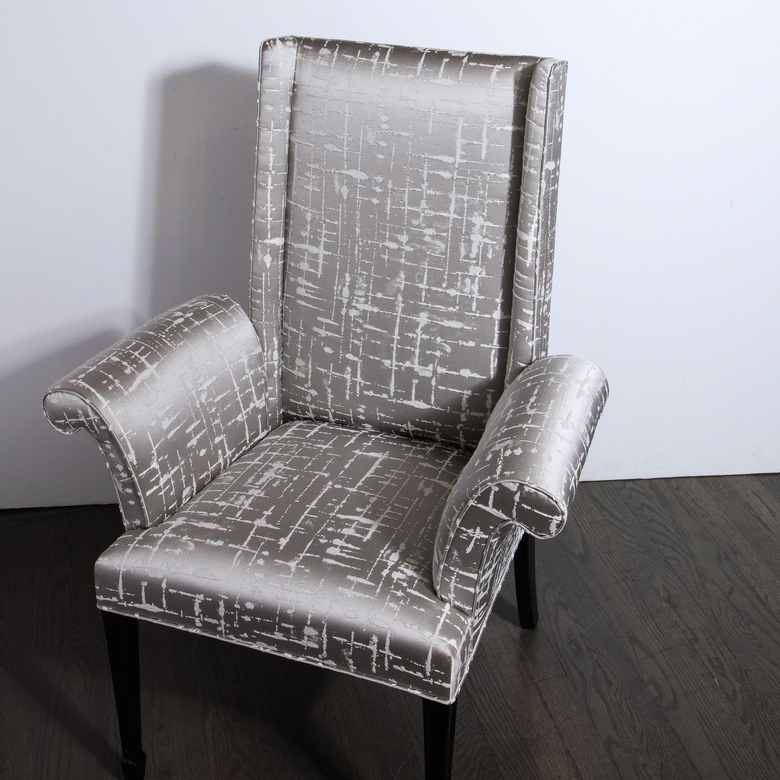 Pair of Hollywood Regency Scroll Form Ebonized Walnut & Textural Silk Armchairs For Sale 10