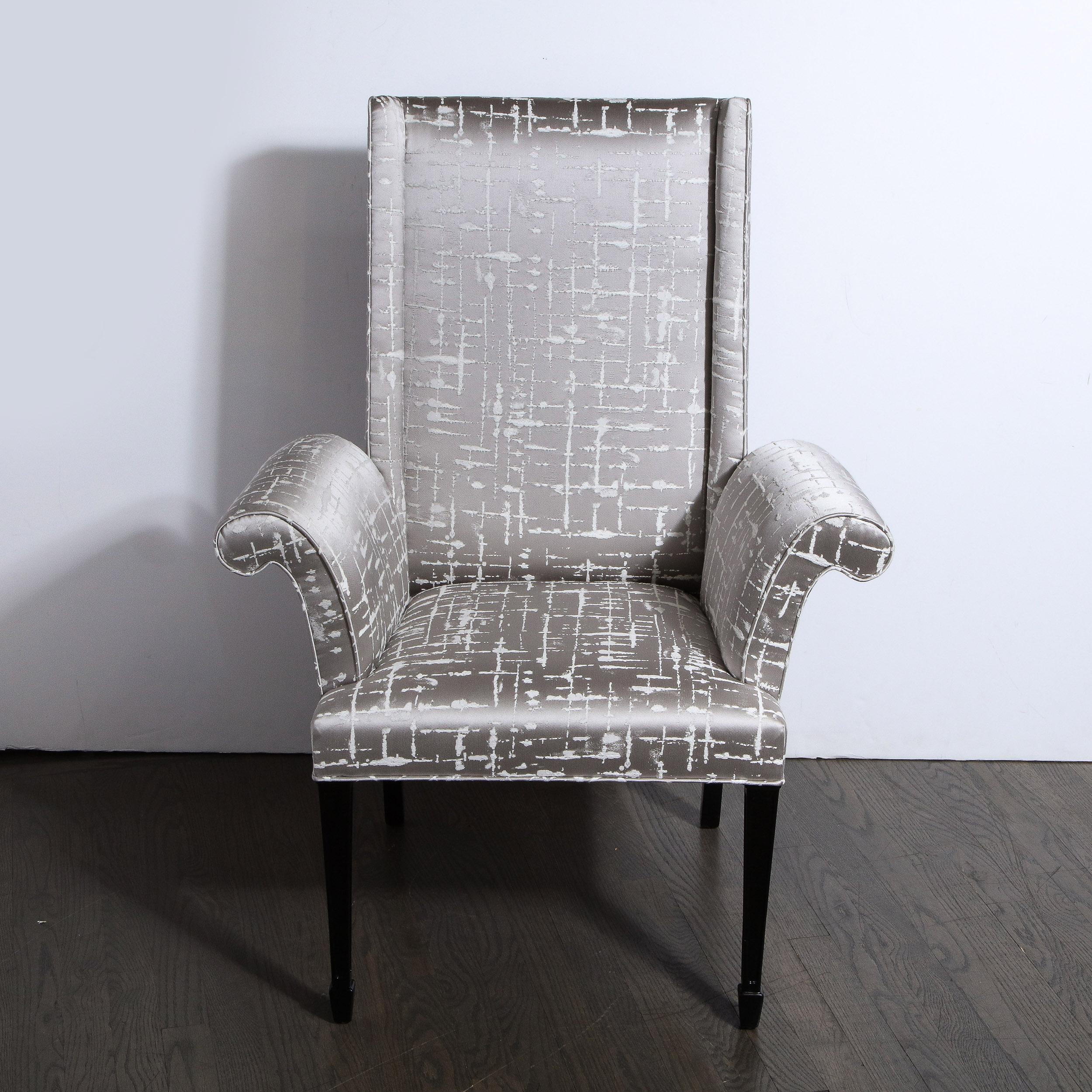 Pair of Hollywood Regency Scroll Form Ebonized Walnut & Textural Silk Armchairs For Sale 14