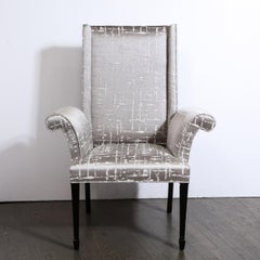 Pair of Hollywood Regency Scroll Form Ebonized Walnut & Textural Silk Armchairs