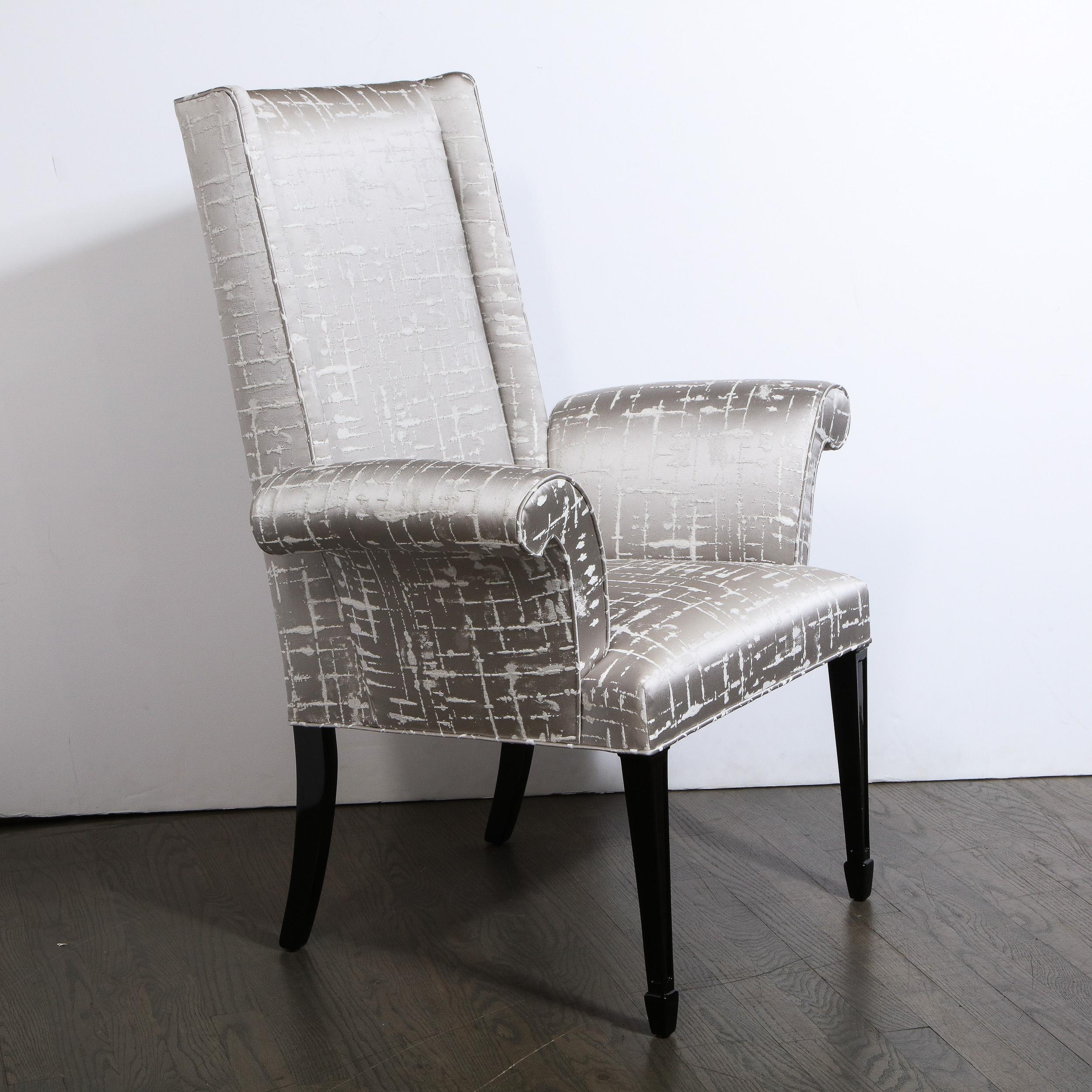 Pair of Hollywood Regency Scroll Form Ebonized Walnut & Textural Silk Armchairs For Sale 1