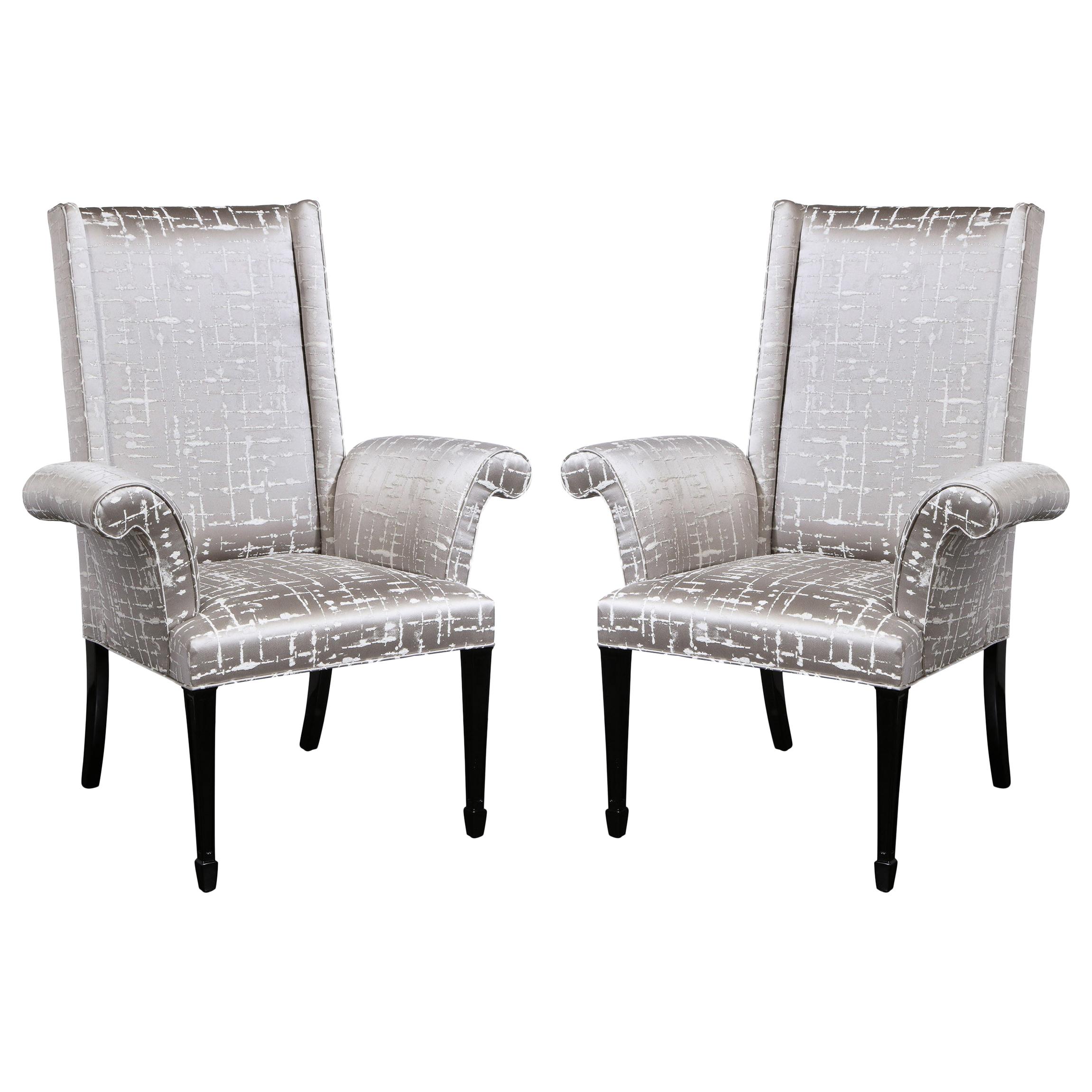 Pair of Hollywood Regency Scroll Form Ebonized Walnut & Textural Silk Armchairs