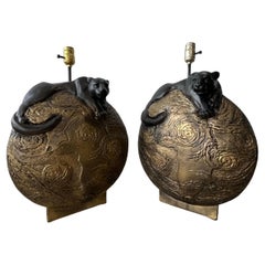 Pair of Hollywood Regency Sculptural Panther Globe Table Lamps