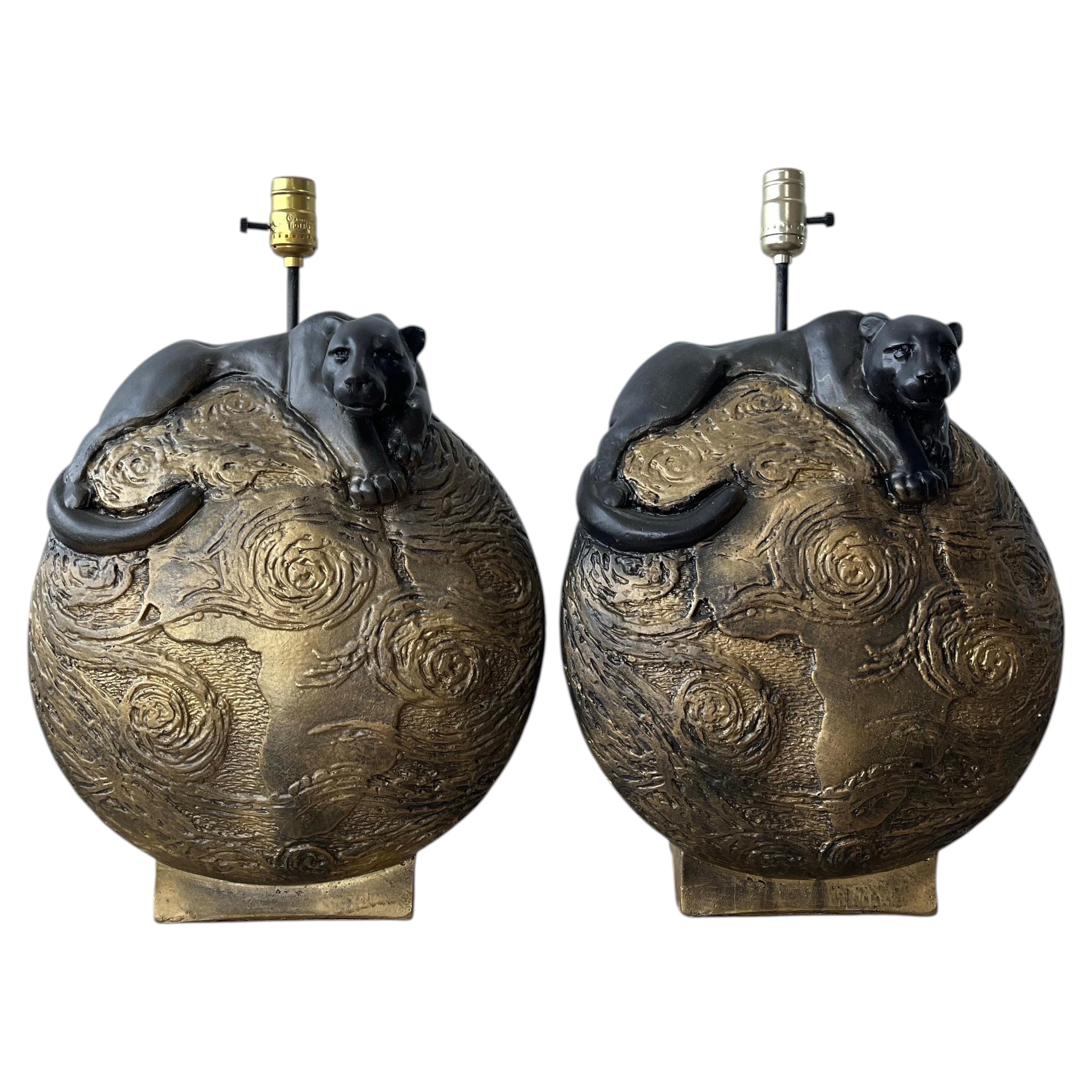 Pair of Hollywood Regency Sculptural Panther Globe Table Lamps For Sale