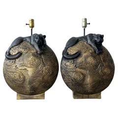 Pair of Hollywood Regency Sculptural Panther Globe Table Lamps