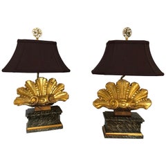 Pair of Hollywood Regency Shell Carved Gilt & Faux Marble Decorated Table Lamps