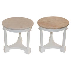 Pair of Hollywood Regency Side Tables White Lacquer Pink Marble Tops 1940s
