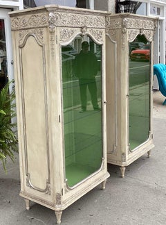 Pair of Hollywood Regency Silver Giltwood & Paint Decorated Display Cabinets