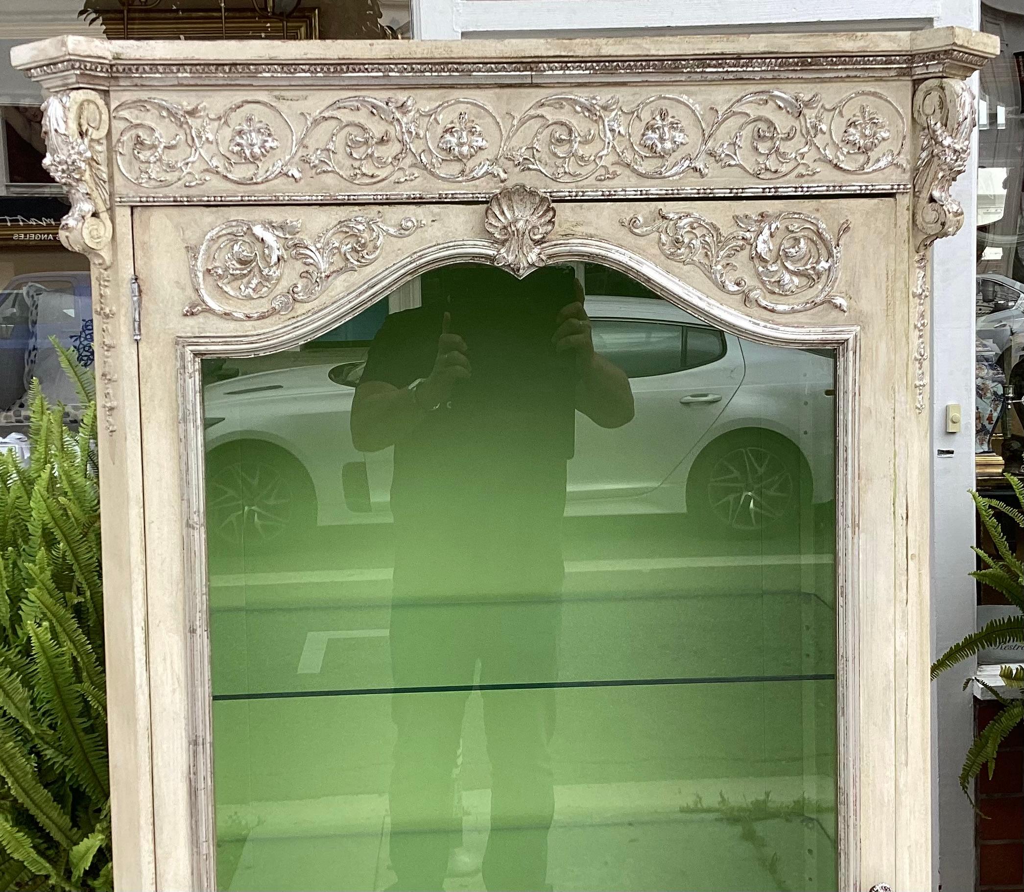 Pair of Hollywood Regency Silver Giltwood & Paint Decorated Display Cabinets 1