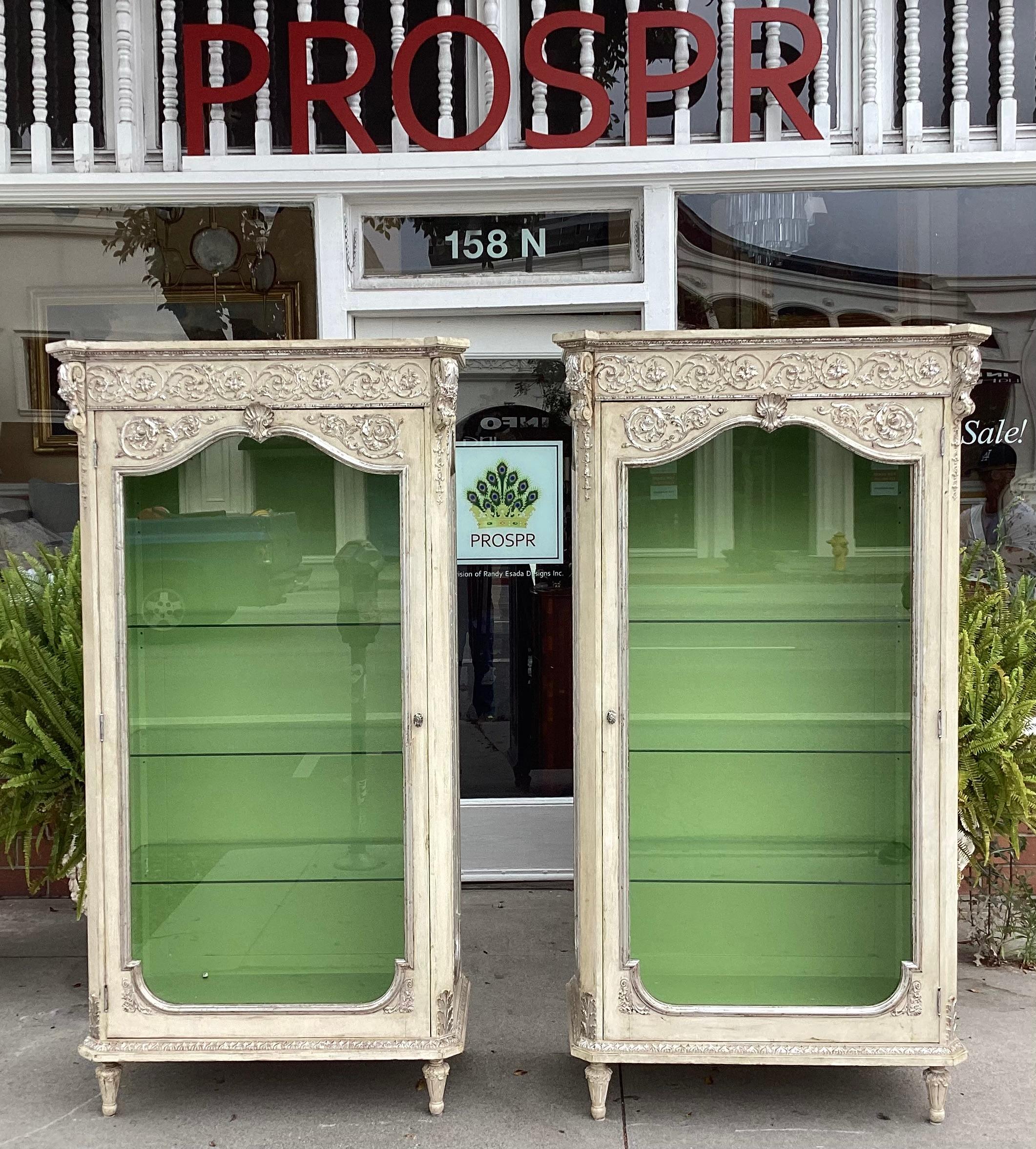 Pair of Hollywood Regency Silver Giltwood & Paint Decorated Display Cabinets 2