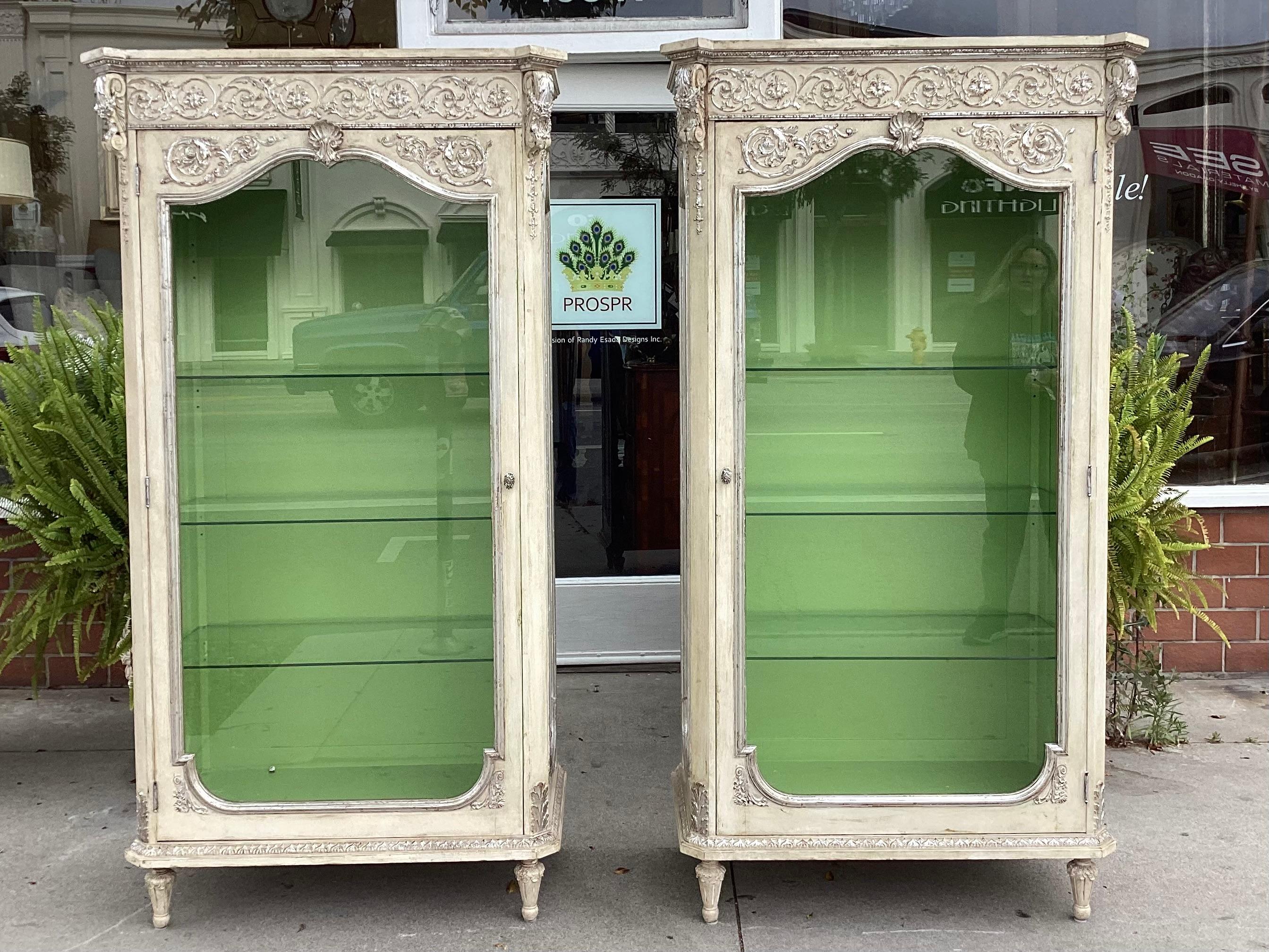 Pair of Hollywood Regency Silver Giltwood & Paint Decorated Display Cabinets 3