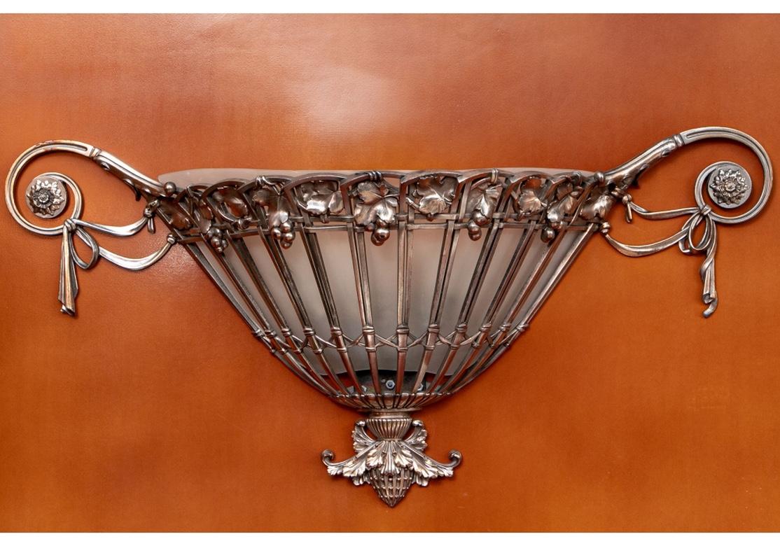 Pair of Hollywood Regency Silvered Bronze Wall Sconces For Sale 6