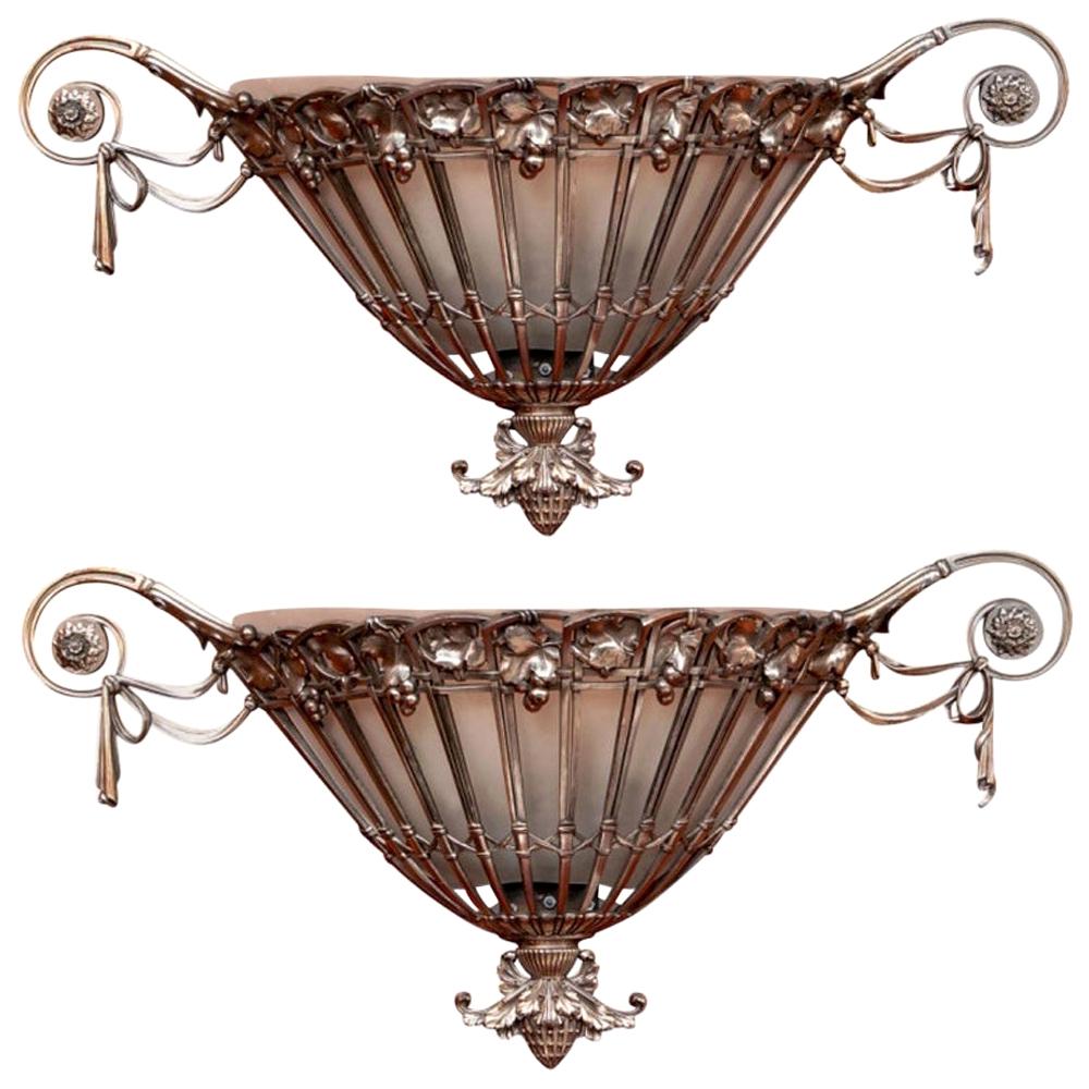 Pair of Hollywood Regency Silvered Bronze Wall Sconces