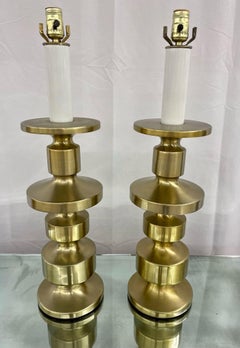 Pair of Hollywood Regency Solid Brass Table / Desk Lamps, Candlestick, Modern