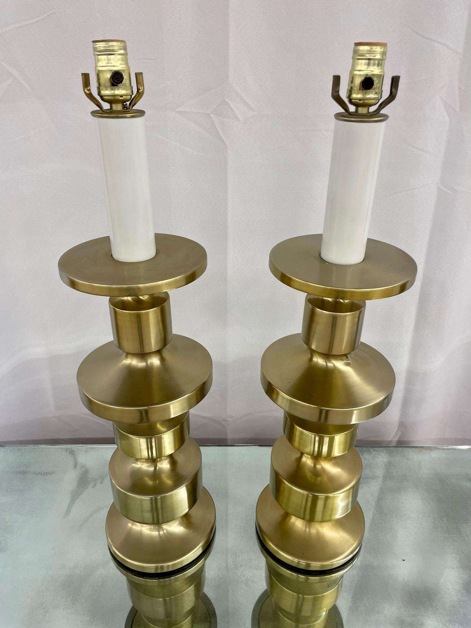 Late 20th Century Pair of Hollywood Regency Solid Brass Table / Desk Lamps, Candlestick, Modern For Sale