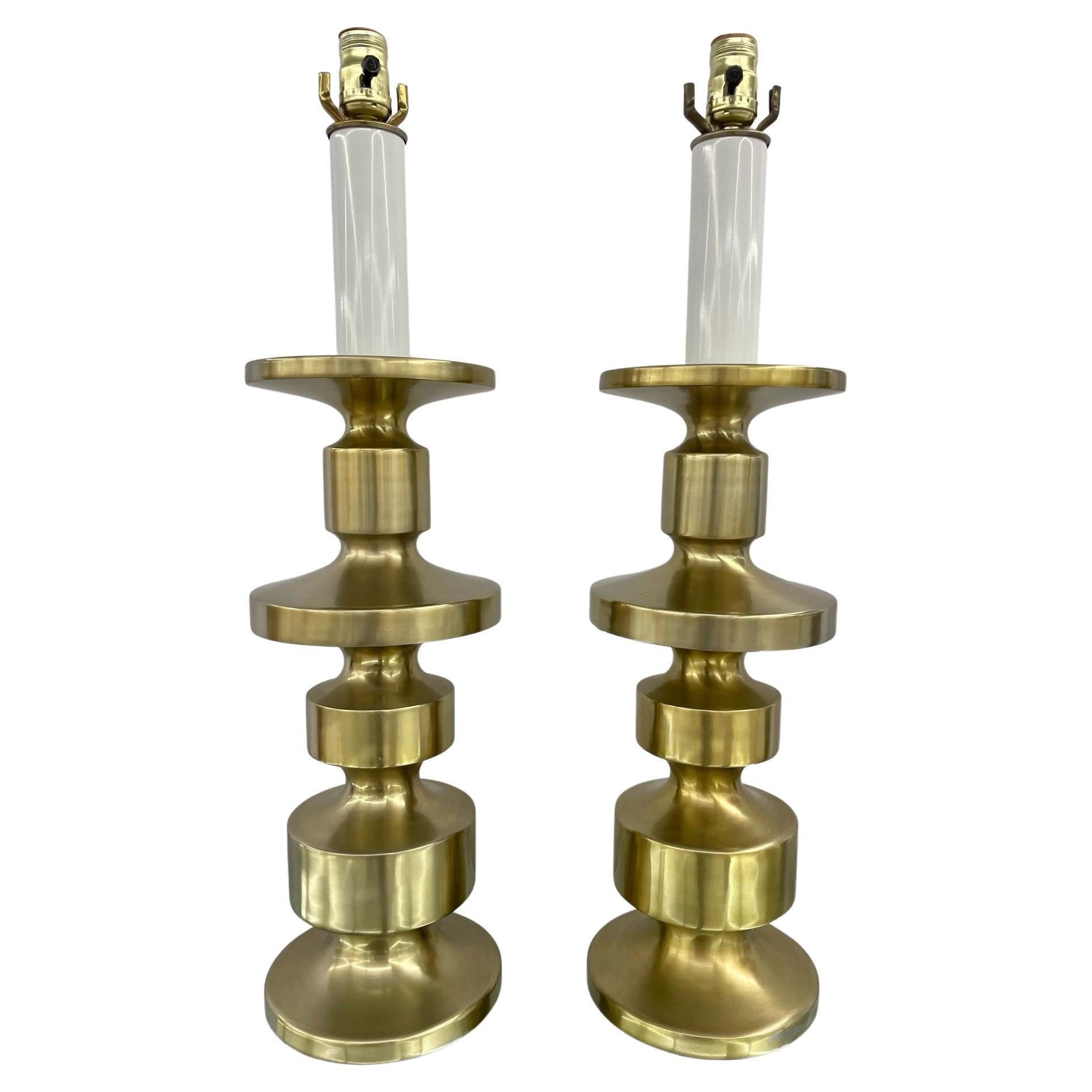 Pair of Hollywood Regency Solid Brass Table / Desk Lamps, Candlestick, Modern For Sale