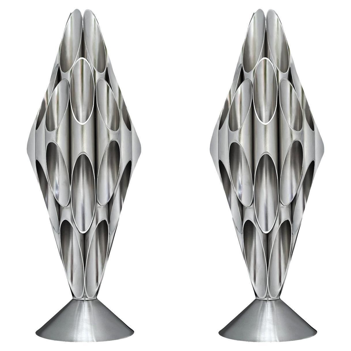 Pair of Hollywood Regency Space Age Accent Table Sculpture Lamps in Chrome For Sale