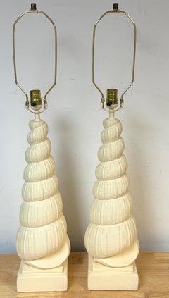 Pair of Hollywood Regency Spiral Seashell Form Plaster Table Lamps, C. 1980s