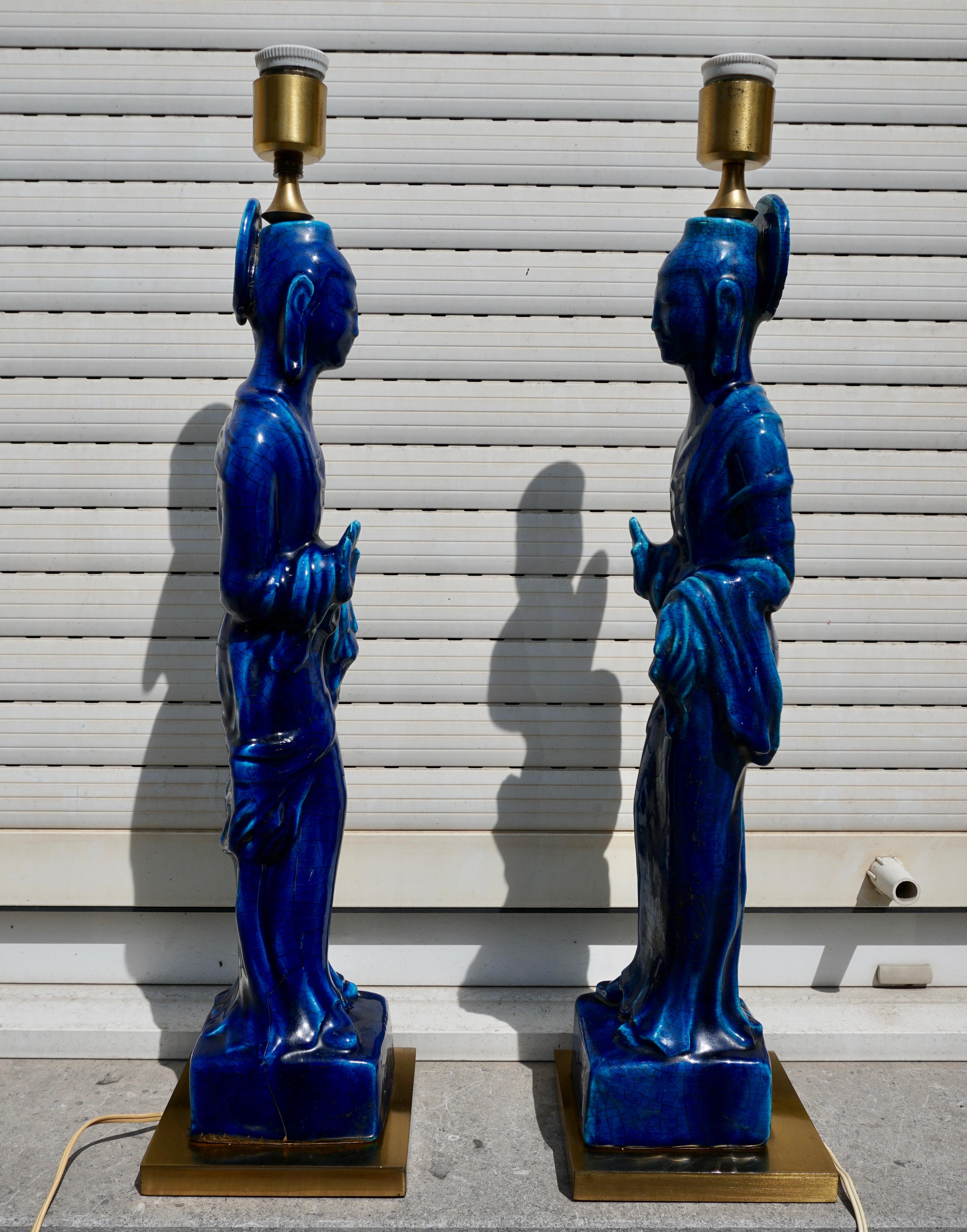 Pair of Hollywood Regency Standing Buddha Ceramic Table Lamps by Ugo Zaccagnini For Sale 5