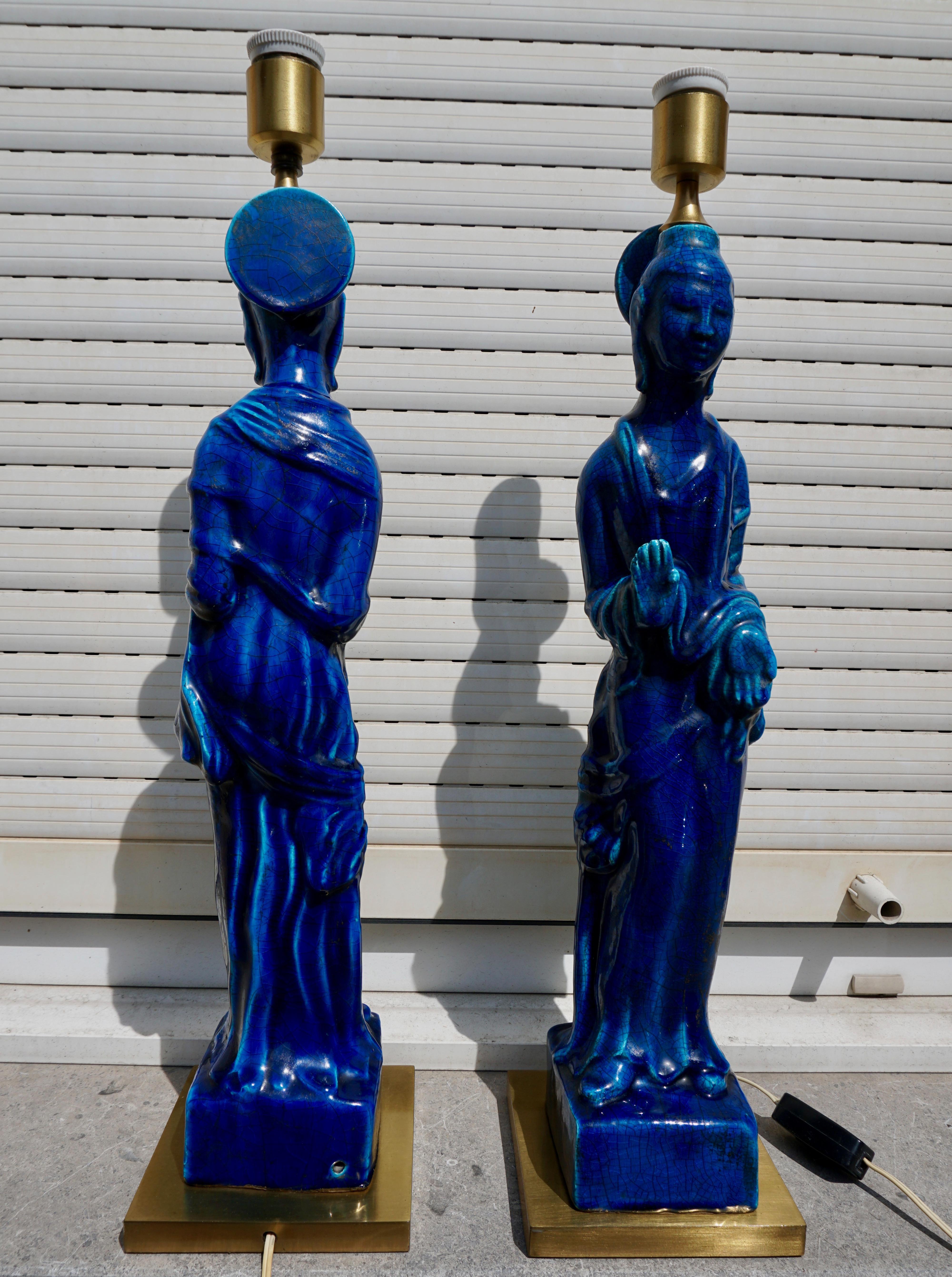 Pair of Hollywood Regency Standing Buddha Ceramic Table Lamps by Ugo Zaccagnini For Sale 6
