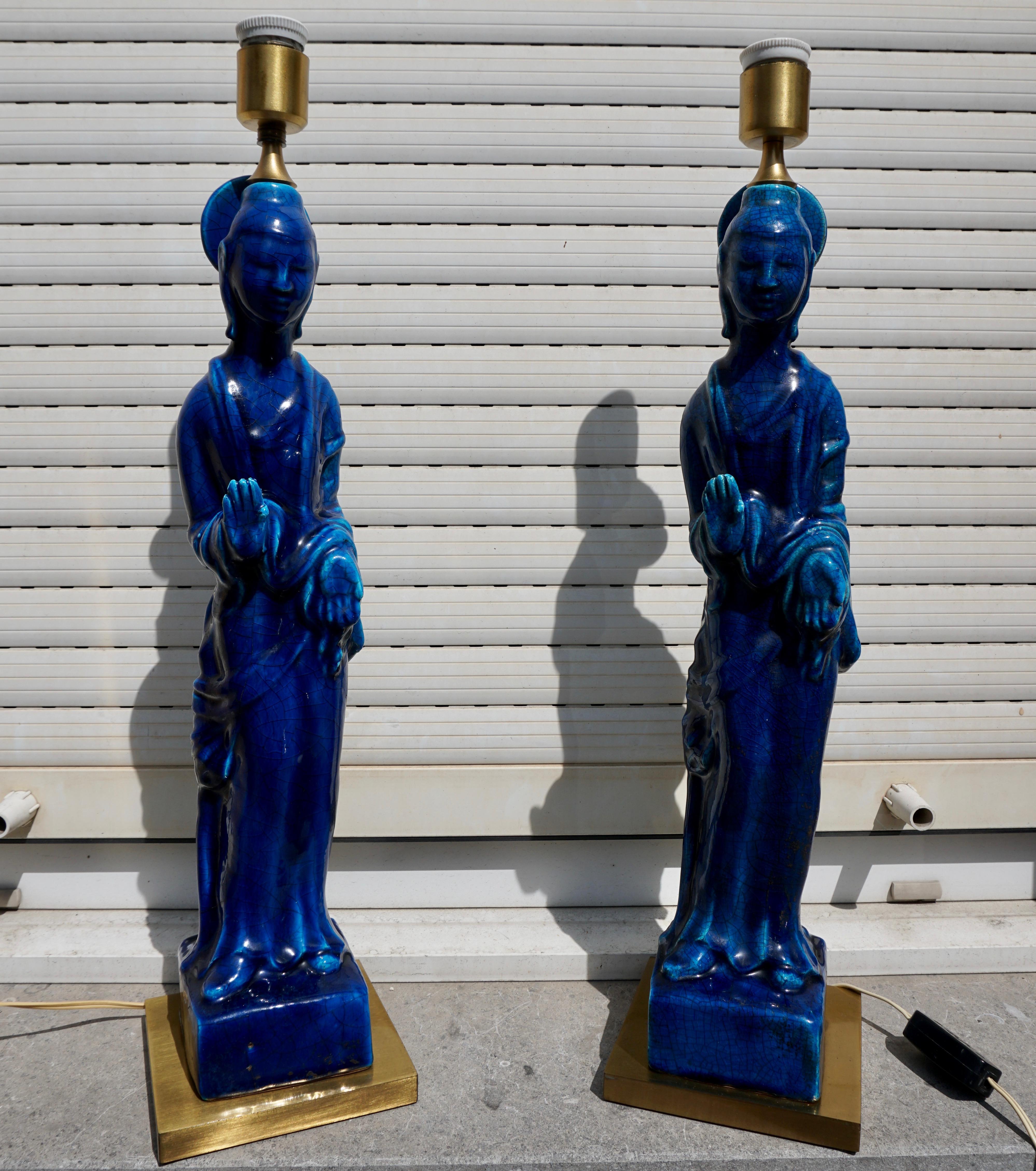 Pair of Hollywood Regency Standing Buddha Ceramic Table Lamps by Ugo Zaccagnini For Sale 7