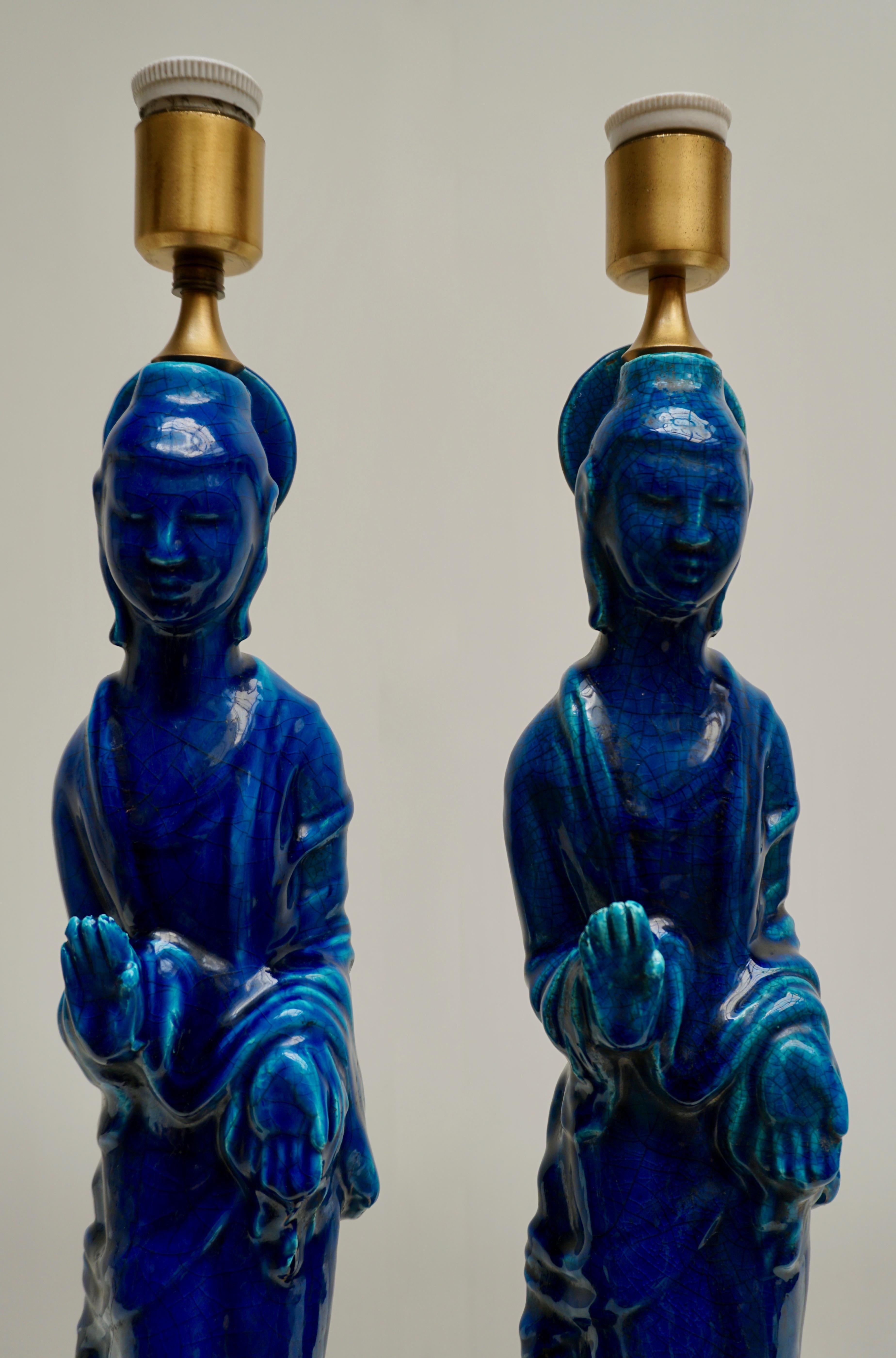 Pair of Hollywood Regency Standing Buddha Ceramic Table Lamps by Ugo Zaccagnini For Sale 11