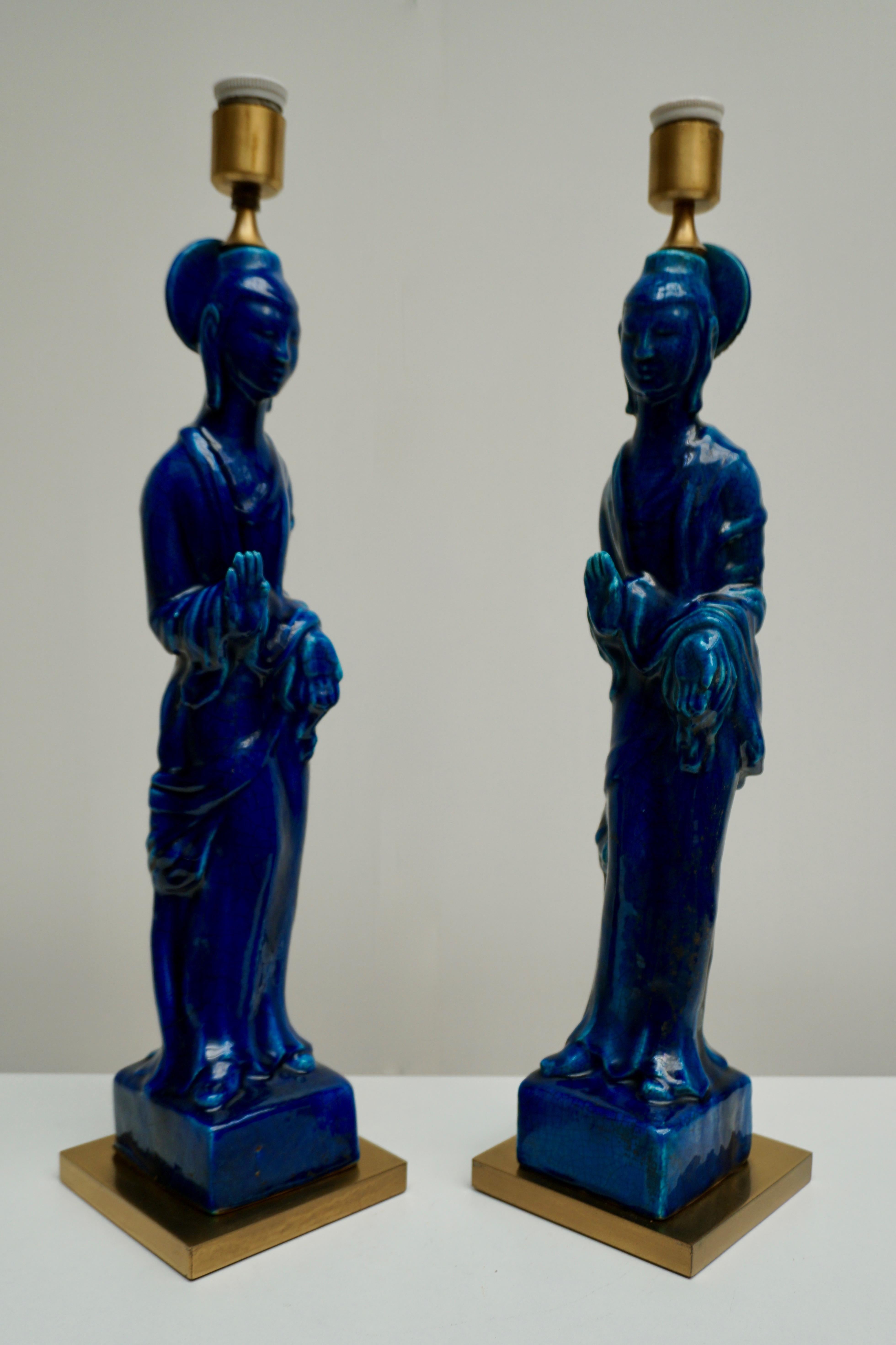 Pair of Hollywood Regency Standing Buddha Ceramic Table Lamps by Ugo Zaccagnini For Sale 13