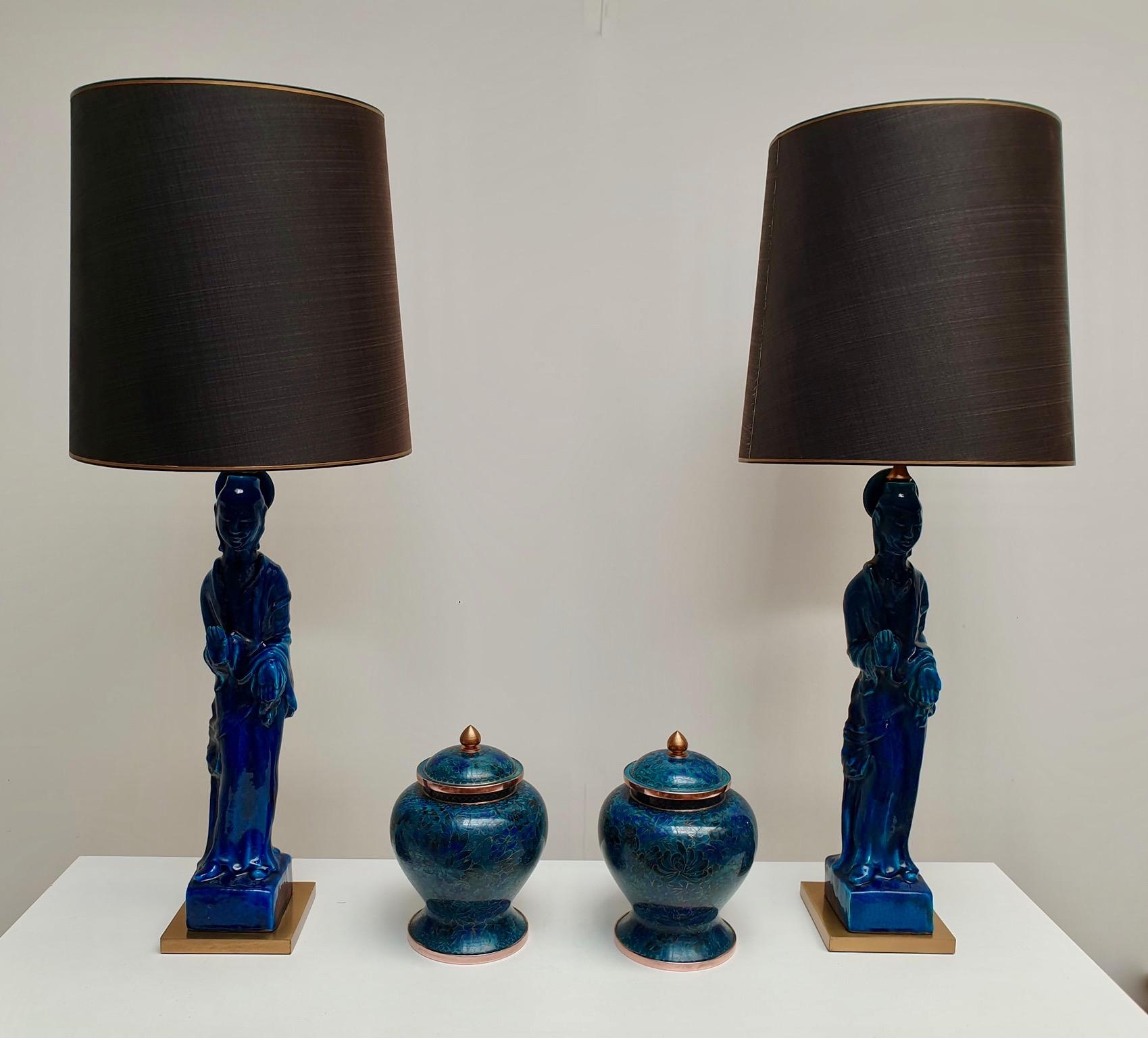 Italian Pair of Hollywood Regency Standing Buddha Ceramic Table Lamps by Ugo Zaccagnini For Sale