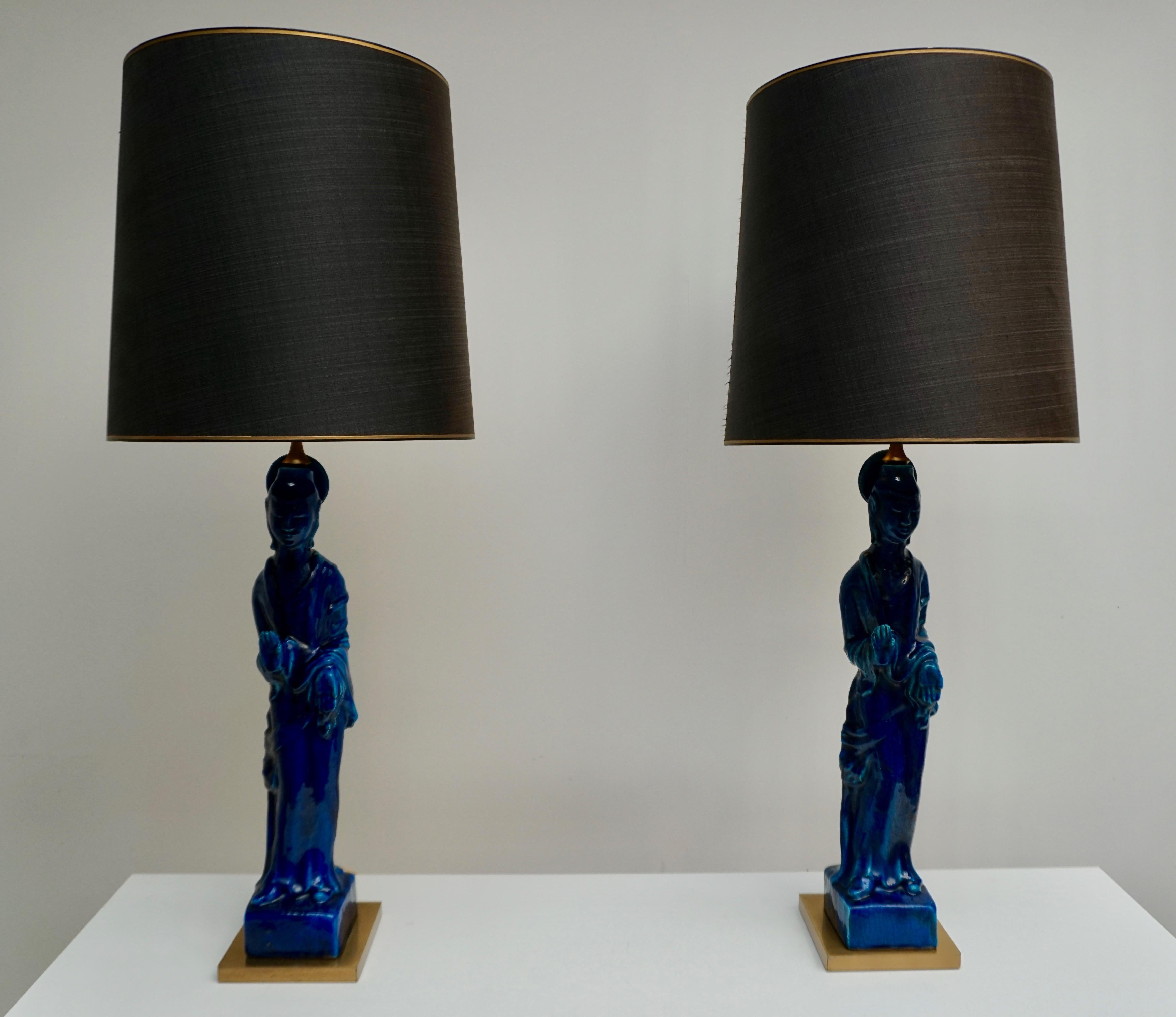 Pair of Hollywood Regency Standing Buddha Ceramic Table Lamps by Ugo Zaccagnini For Sale 1